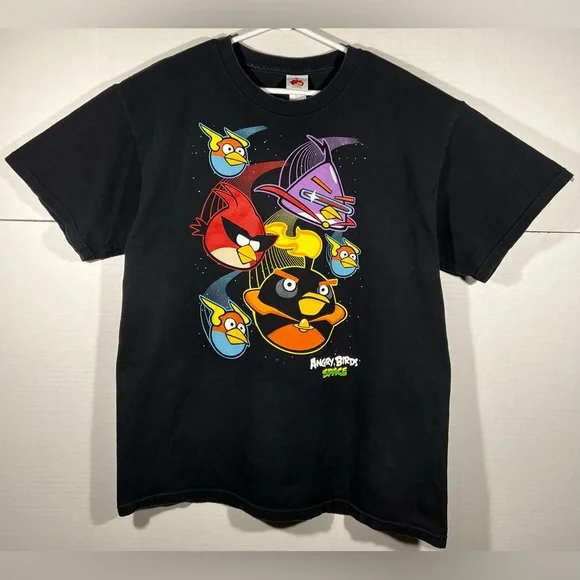 Y2K Angry Birds Space Anim Cartoon Graphic T Shirt Size Large Black S/S - Picture 1 of 13